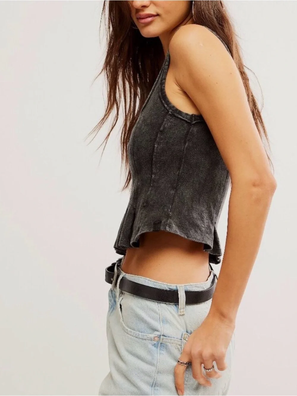 Free People We The Free Roller Tank NWT Black Acid Wash Ruffle Crop Top Medium